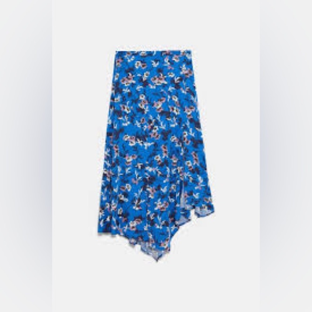 ZARA Cobalt Blue Pastel Pink Floral Handkerchief Asymmetrical Midi Modest Skirt - Picture 7 of 16